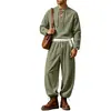 Conjunto de top henley de lino liso casual versátil para hombre y pantalón de pierna curva, nuevo, europeo y americano, Amazon transfronterizo