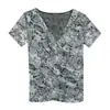 2024 Nueva Moda de Verano Camiseta de Malla con Estampado y Cuello en V de Manga Corta Diseño de Nicho Top de Color Contrastante Camisa Pequeña para Mujer