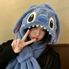 Gorro de invierno para mujer, cálido y acogedor, con diseño de Stitch, bufanda con capucha y calentador de cuello forrado de forro polar, adecuado para otoño e invierno, y diseñado para cabezas de mayor tamaño