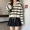 Punto de rayas de cuello medio con media cremallera para mujer en otoño e invierno para personas pequeñas estilo coreano engrosado holgado perezoso jersey corto de punto