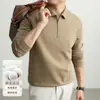 Camisa polo de manga larga para hombre, mezcla de lino y lyocell, con cuello de media cremallera, camisa base texturizada de estilo business casual para hombre