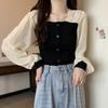 Blusa de malha com gola quadrada e manga comprida, estilo feminino, estilo slim, primavera e outono, 2025