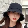 Sombrero de Pescador de Mezclilla Desgastada con Borde Crudo Sombrero Nuevo Primavera y Otoño para Mujer Retro Más Fácil de Combinar Sombrero Cubo Sombrero de Cuenca Casual con Protección Solar