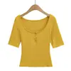 728-26 Verano Top básico liso de estilo coreano, corte ajustado, con cuello en U y manga corta, inspirado en bloggers de INS