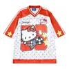 Camiseta de Manga Corta con Estampado de Hello Kitty de Dibujos Animados para Niños, Estilo Verano, Holgada y Transpirable, Marca de Moda Americana High Street, Camiseta Escote en V Color Block