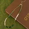 Corrente para Clavícula com Pérolas de Água Doce Naturais, Pedras Verdes Naturais, Fresca de Verão, de Alto Padrão. Colar Estiloso, Elegante e de Nicho para Mulheres