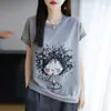 Camiseta de Manga Corta para Mujer, Transpirable, Fresca, de Lino de Bambú, Delgada de Verano, con Estampado, Cuello Redondo, Pulóver