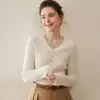 Gorro de Cachemira 100% Puro Estilo Europeo y Americano con Cuello en V para Mujer, Tejido de Punto de Manga Larga para Otoño e Invierno, Top Suéter Capa Interior