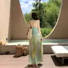 Hermoso Vestido para Tomar Fotos en la Playa, Estilo Relajado y Perezoso, Cuello en V Desdibujado Falso Dos Piezas Empalmado Tirantes Vestido Largo de Playa