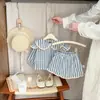 Conjunto de Gola Peter Pan Listrado Azul Bebê e Branco, Conjunto de Duas Peças com Camisa de Manga Longa e Saia para Meninas, Estilo Doce Coreano