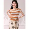 Sí Top de punto con bloques de color y rayas verde fresco para mujer, nuevo estilo de verano, versátil y adelgazante