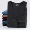 Traje de ropa interior térmica de terciopelo para hombre, cuello en V, color liso, conjunto base, otoño e invierno, para estudiante, terciopelo de doble cara, calzoncillos largos