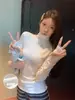 Camiseta de manga comprida lisa versátil com gola alta e forro de fleece para mulheres, camada base outono e inverno, ajuste slim, estilo coreano, top 25939
