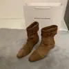 Botas de Tornozelo Retro Camurça Salto Anabela Bico Quadrado para Mulheres 2026 Primavera e Outono Novas Botas Western Cowboy Dobráveis de Cano Médio