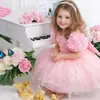 Almacén en el extranjero vestido floral rosa de hombros descubiertos para niños con malla de cuentas para fotografía de fiesta de primer cumpleaños de niñas vestido de princesa