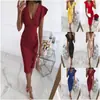 2026 Nuevo Estilo Europeo y Americano Comercio Exterior Elegante Ol Cuello en V Ajustado Ceñido a la Cintura Dobladillo Fruncido Vestido Bodycon"""