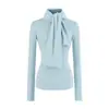 Top de Base Cepillada Ajustado de Moda Otoñal Nuevo con Bufanda Desmontable, Cuello Redondo, Manga Larga para Mujer