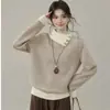 Suéter de punto con bloques de color estilo coreano con cuello contrastante, un nuevo top pullover de manga larga otoño/invierno para mujer