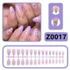 Uñas francesas postizas translúcidas estilo coreano con degradado rosa-azul en tonos púrpura matcha y taro con lunares, puntas de uñas dulces y desmontables