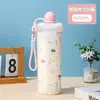 Botella de agua aislada de acero inoxidable 316 transfronteriza, diseño elegante, con una pajita de dibujos animados linda y colorida y una correa para llevar, perfecta para niñas