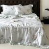 Conjunto de Quatro Peças de Colcha de Verão Tencel com Estampa Pastoral Francesa Colcha Refrescante de Verão para Ar Condicionado Lençóis Renda de Princesa Roupa de Cama
