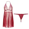 Pijama de Encaje con Cuello Colgante para Mujer Sexy Perspectiva Ropa Interior Sexo Espalda Descubierta Tentación Falda Conjunto de Camisón Coqueto Caliente