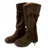 Nuevas Botas de Caballero Largas Estilo Wasteland Vintage con Borlas, Tacón Grueso, Hasta la Rodilla, en Colores Marrón Café y Caqui Oscuro