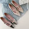 Sapatos Mary Jane Planos de Couro de Vaca Francês Doce Gentil Laço Pequeno Prata Bico Fino Boca Baixa Salto Baixo Sapatos de Uma Sola Feminino 40