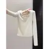 Top Base Estilo Europeu com Decote U e Rebites, Design de Nicho para Mulheres, Primavera e Outono, Slim Fit, Hot Girl, Ombro Normal, Manga Longa