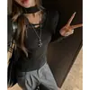 Tencel Lyocell Outono e Inverno Renda Escovada Gola Alta Meia Manga Manga Longa Ombro Direito Camiseta Feminina Camada Interna Pode Ser Usada Por Fora