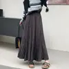 Saia midi plissada de camurça para mulheres, outono, cintura alta, emagrecimento, bom caimento, corte A, comprimento médio, saia evasê