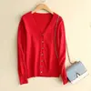 Chaqueta cárdigan de color liso para mujer, prenda exterior tejida, cuello en V corto, suéter casual para primavera y otoño, top holgado negro de manga larga, moderno