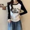 Camiseta de Manga Larga de Otoño Talla Grande para Mujer, Estampado de Letras Retro Americano, Versátil, Adelgazante, Cubre el Cuerpo, Top de Hombro Normal