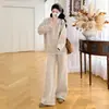 Roupa de maternidade outono e inverno conjunto de malha grossa com zíper parcial e capuz borda contrastante calça de perna larga conjunto de duas peças peça externa que cobre a barriga