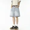 2026 Nuevo Estilo Retro Americano Shorts de Mezclilla Azul Desgastado Rectos Holgados Rasgados de Longitud Media para Hombre