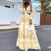 2025 Ropa Europea y Americana Amazon Nueva Exportación Falda Larga Ropa de Trabajo Escote en V Cortado Floral Cintura Alta Dobladillo Amplio Vestido