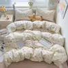 Juego de Cuatro Piezas de Algodón Cepillado Espeso Clase a, Sábana de Algodón Lavado Estilo Fresco, Funda de Edredón, Funda de Almohada, Juego de Tres Piezas para Dormitorio de Estudiante, Estilo Ins