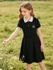 Vestido Polo de Color Sólido Estilo Universitario Coreano Transfronterizo, Nuevo Modelo de Verano para Niños Mayores, Cuello Camisero Color Bloqueado, Vestido Ceñido a la Cintura