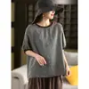 En stock Camisa de Lino Artística a Cuadros Teñidos con Hilo para Mujer de Cuello Redondo en Contraste Manga Corta Holgada de Verano