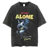 Camiseta Manga Curta Nova Série de Algodão Gato de Terror Vintage Estampa de Halloween Lavada Estilo Americano
