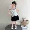 Conjunto de Verano para Niña con Cuello Azul Marino y Diseño Fruncido, Ropa Elegante sin Mangas para Niños, Ligero Conjunto de Dos Piezas de Vestido de Verano para Bebés