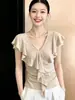 Camiseta de Manga Corta con Cuello en V y Volantes Estilo Francés para Mujer, Nuevo Estilo de Verano, Diseño Popular, Top Asimétrico Único y Hermoso