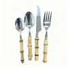 Juego de Cubiertos de Acero Inoxidable 304 Estilo Japonés Mango de Madera Natural Bambú 304, Tenedor, Cuchara, Tenedor, Mango de Madera Retro, Estilo Occidental, Cubiertos para Comer, Hotel, Exteriores