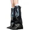 Estilo de comercio exterior, pantalones de bota blancos que alargan las piernas, de tacón alto, modernos, de punta, con tacón de cuña, botas hasta la rodilla para mujer