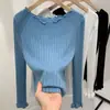 Camisa Básica de Tricô Canelado para Mulheres 2025 Nova Moda Jovem com Babados Manga Longa Slim Fit Roupa Íntima com Mangas Sino Top