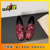 Sapatos de Couro com Laço Estilo Britânico para Mulheres Lançamento Primavera 2026 Novos Mocassins de Salto Grosso com Aumento Oculto de Altura Sapatos de Salto Baixo Pretos