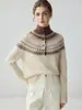 Nueva colección de otoño e invierno: suéter de cachemira pura para mujer, con un diseño de patrón Fair Isle, más grueso, de medio botón y cuello alto, y un tejido cálido con capa interior