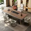 Mesa de Té y Juego de Sillas con Acabado de Madera de Nogal y Encimera de Roca para el Hogar, Mesa de Té Estilo Chino Nuevo, Mesa de Café para Oficina, Sensación de Lujo Ligero de Gama Alta, Encimera Grande