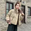 Foto Real de Chaqueta de Lana Engrosada Estilo Coreano 2025 Empalmada Cuadros Solapa Ajustada Algodón para Personas Bajas