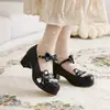 Novos sapatos casuais femininos de camada única com bico redondo, laço doce de renda, estilo princesa, fivela, boca rasa, sapatos de primavera e outono, salto médio grosso